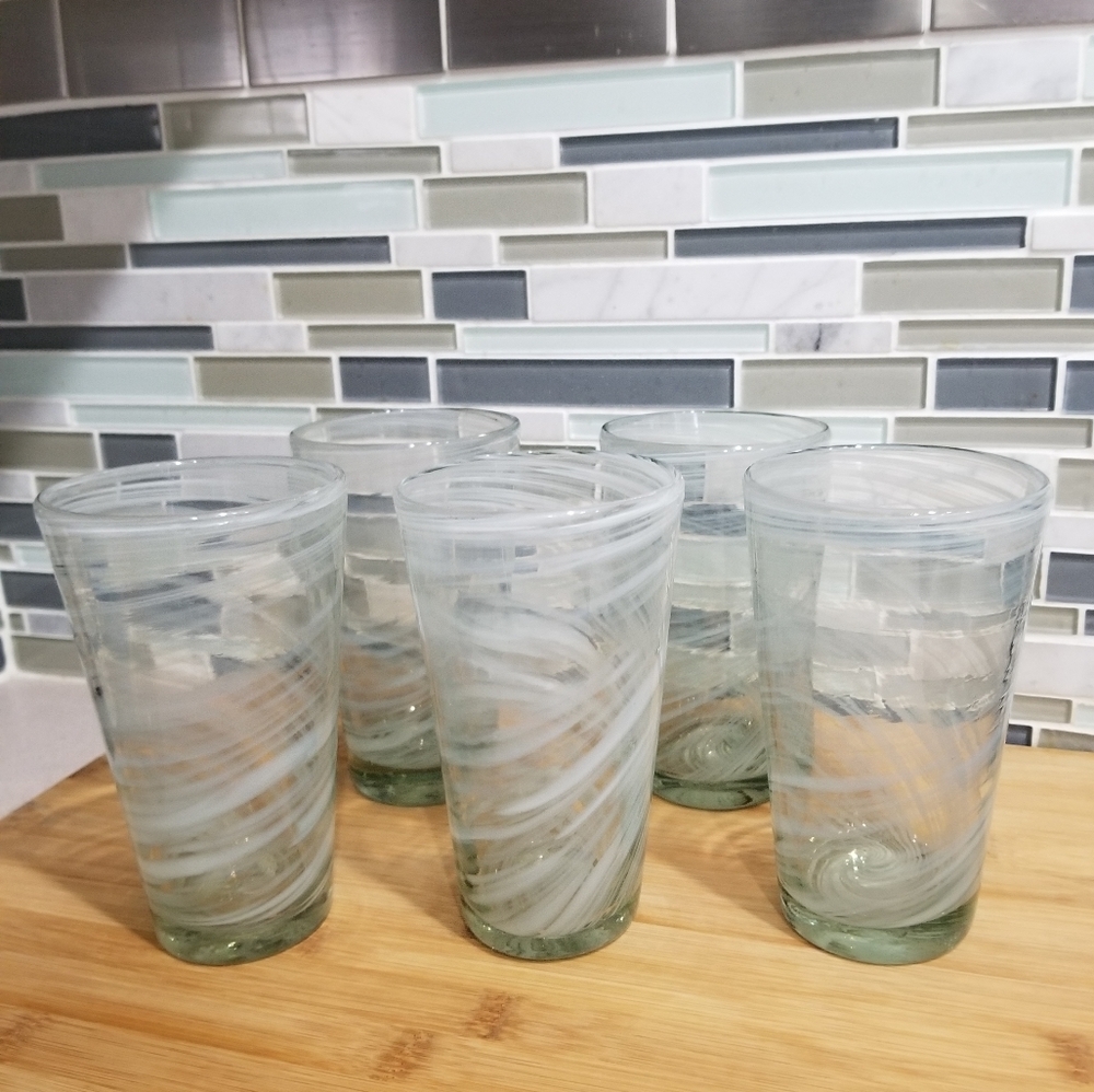 Hand Blown Art Glass White Swirl Tea Water‎ Tumbler 16oz Set of 5
